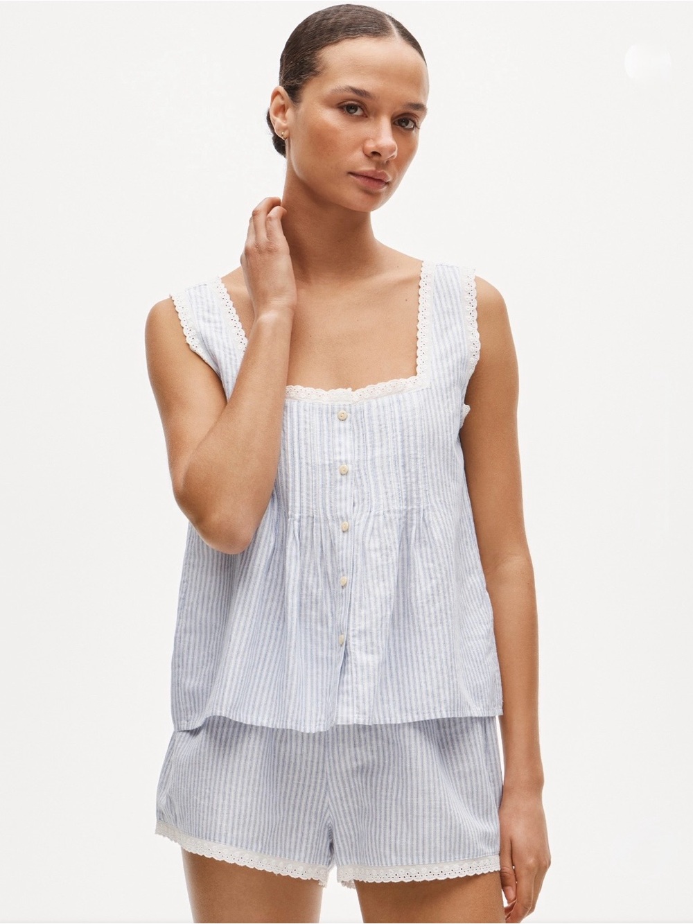 NWT J.Crew Linen-Cotton Camisole Pajama Set Blue Stripe Lace Sz M